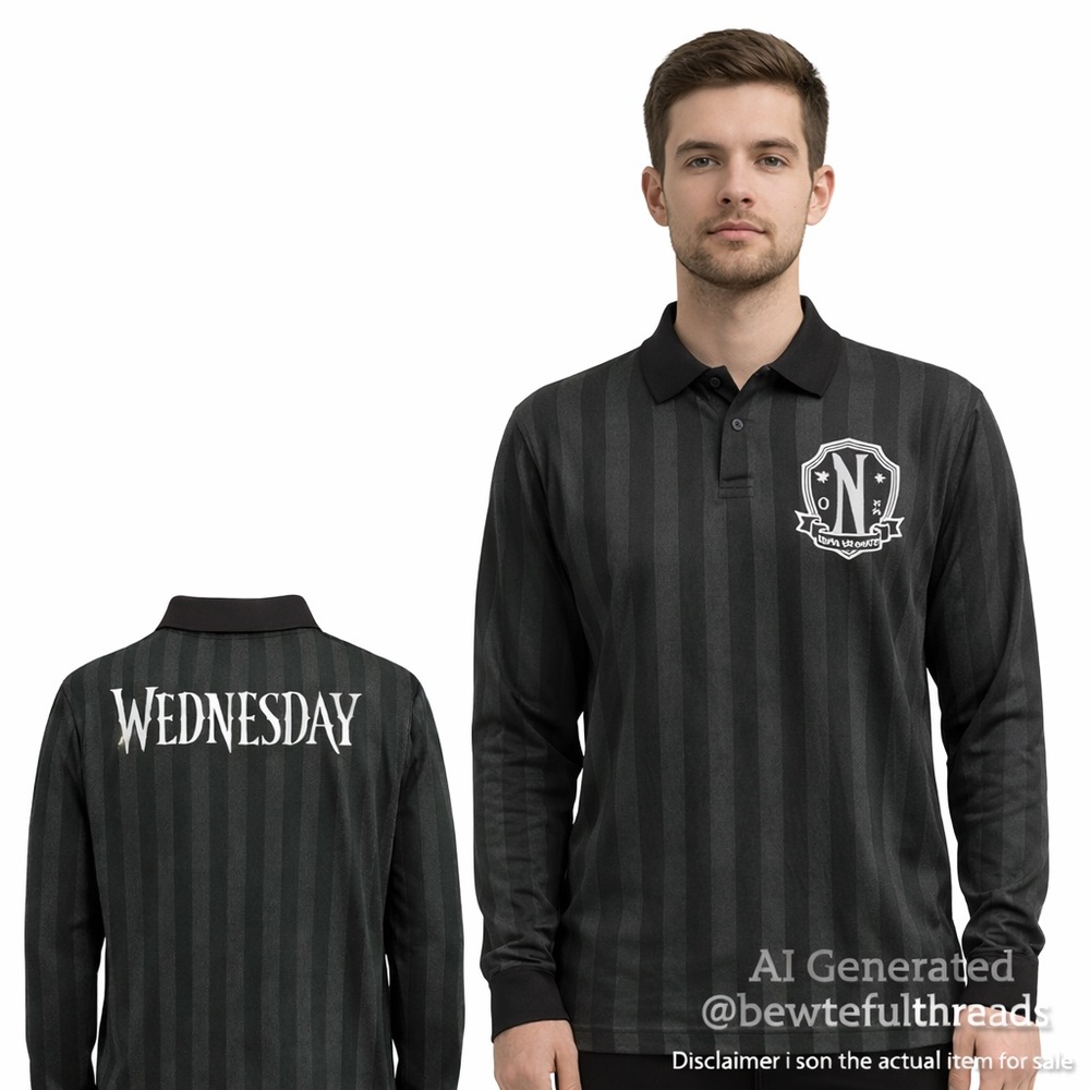 H&M Men’s M Black Stripe Wednesday Long Sleeve Polo Gothic